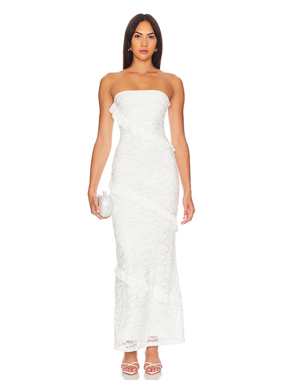 More to Come Revolve White Xandra Strapless Ruffle Lace Cocktail Maxi Dress NWT